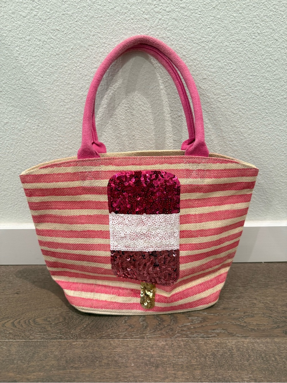 Mudpie Pink Striped Sequin Popsicle Tote/Beach Bag
